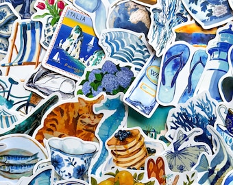 地中海沿岸プランナーステッカー50枚、ブルーステッカー、ヨーロッパ、ギリシャ、スクラップブック、ジャーナルステッカー、旅行ステッカー、バケーションステッカー