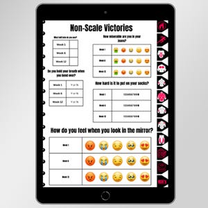 May include: A black and white worksheet titled "Non-Scale Victories" with questions about how miserable someone feels in their jeans, how hard it is to put on socks, and how they feel when they look in the mirror. The worksheet has a scale of 1 to 12 weeks and uses emojis to represent answers.