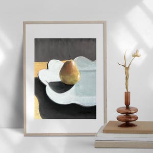 May include: A painting of a single pear on a white, scalloped plate. The pear is yellow and green, and the plate is set against a dark background.