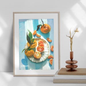 May include: A painting of a still life with oranges and orange slices on a white plate with a blue and white striped background.