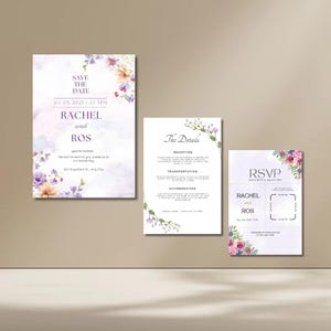 Ensemble de modèles pour faire-part de mariage floral violet | Suite de mariage en toile modifiable | Faire-part imprimable DIY, RSVP, carte de détails Boho Garden Wedding
