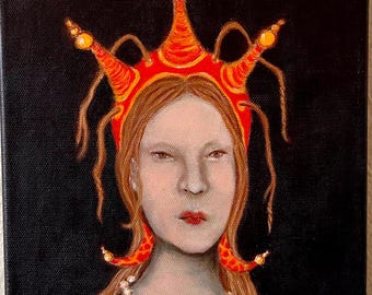 Original Acrylic Painting: Woman in Orange Hat Portrait, Ready to Hang