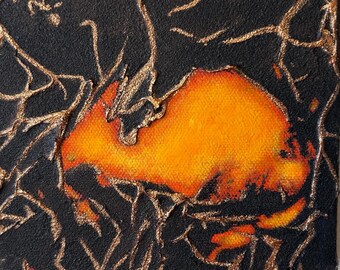 Dragon Fire Abstract Painting: Iridescent Copper, Textured Black, 4x4 Canvas