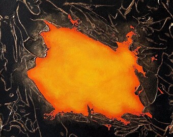Textured Abstract Acrylic Painting: Iridescent Copper Highlights, Orange Yellow Black