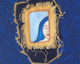 Original Textured Acrylic Painting: Meditating Woman, Sky, Space, Sea - 8x10 Canvas