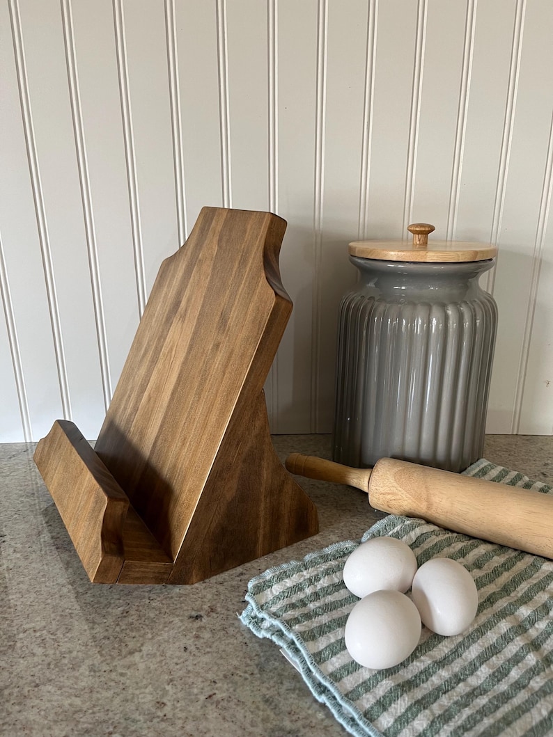 Handmade Wooden Cookbook Stand | Recipe Tablet Holder, Kitchen Decor image 1