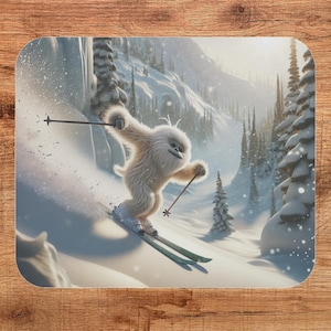 May include: A white yeti with a big smile is skiing down a snowy mountain slope. The yeti is wearing skis and ski poles and is surrounded by snow-covered trees.