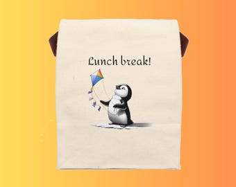 Penguin Kite Canvas Lunch Bag - Cute Animal Picnic Tote, Reusable Lunch Sack, Kids School Lunchbox, Outdoor Beach Bag