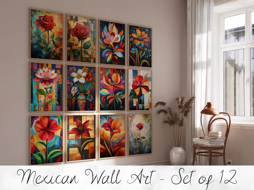 Trendy Gallery Art Set of 12, Mexican Iconic Floral Digital Wall Art ...