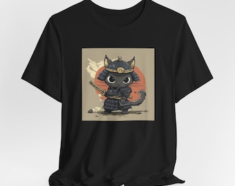 May include: Black t-shirt featuring a cartoon illustration of a black cat dressed as a samurai warrior. The cat is wearing a helmet and armor, holding a katana, with a red sun in the background.