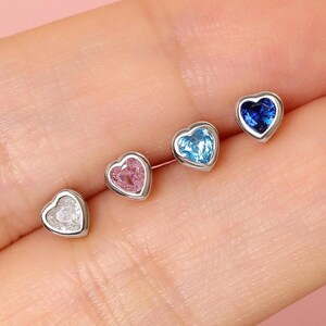 Diamond Heart Screw Back Earrings, 925 Sterling Silver CZ Mini Colorful Comfort Dainty Minimalist Birthstones Little Girl Children Earrings