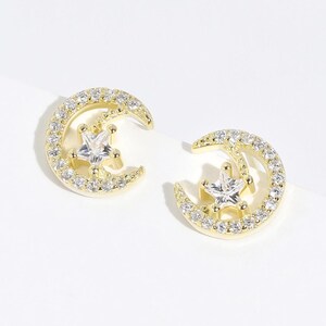 Bling Star Moon-stekker, 925 zilver-goud roos kleine diamant sierlijke halve maan celestial alledaagse stud perfect cadeau voor meerdere piercings