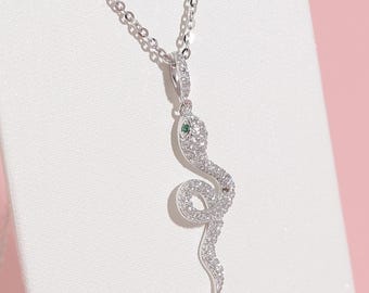 Snake Necklace, Serpent Green Eye 925 Sterling Silver May Birthstone Elegant Dainty Tiny Animal Charm Unique Jewelry Birthday Gift for Women