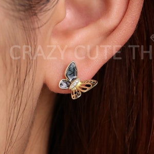 Elegant Butterfly Earrings, S925 Silver & Gold Dainty Enamel Half Wing Accent Animal Unique Nature-Inspired Everyday Studs Gift Sister Women
