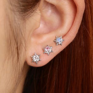 Star Diamond Screw Back Earrings, 925 Silver Cute Celestial North Star Dainty Minimalist Pink Opal Safety Ball Back Cartilage Sleep Nap Stud