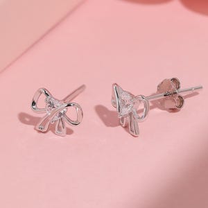Tiny Bow Earrings, 925 Sterling Silver & Gold Elegant Delicate Ribbon Knot Studs with Heart Sparkly Diamond Cute Coquette Jewelry Gift Women