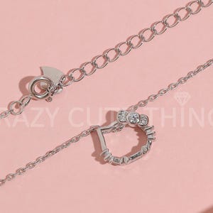 Cute Kitty Necklace, 925 Silver & Rose Gold Dainty Kitty Cat Face Outline With Bow Diamond Charm Stacking Chain Gift Her Girlfriend Daughter
