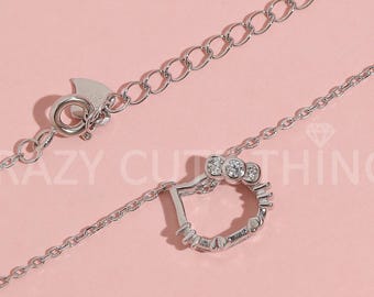Cute Kitty Necklace, 925 Silver & Rose Gold Dainty Kitty Cat Face Outline With Bow Diamond Charm Stacking Chain Gift Her Girlfriend Daughter
