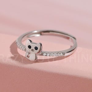 Cute Cat Ring, S925 Silver & Rose Gold Dainty Tiny Kitty Cat Diamond Accented Band Size Adjustable Stacking Ring Gift For Her Animal Lovers