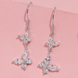 Schmetterlings-Ohrhänger, 925er Sterlingsilber, Diamant-Doppelschmetterling mit funkelnden Flügeln, elegantes, von der Natur inspiriertes Schmuckgeschenk für Damen