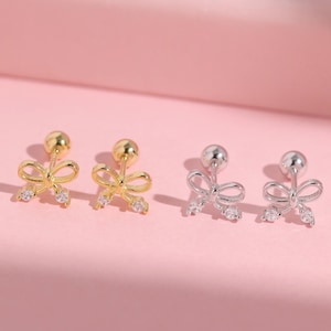 Coquette Bow Screw Back Earrings, Cute Dainty Minimalist Bow Sterling Silver Gold Safety Ball Back Comfort Sleep-On Little Girl Gift Earring
