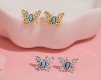 Turkos fjärilsörhänge, S925 silver- och guldtexturerad vingstift elegant blå sten naturinspirerad djur vårsmycke present till kvinnor