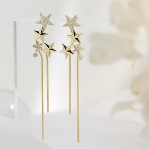 Shooting Star Dangle Earrings, S925 Silver/Gold/Rose Gold Crystal Starburst Star Bling Chain Stud Drop Earrings Celestial Jewelry Gift Women