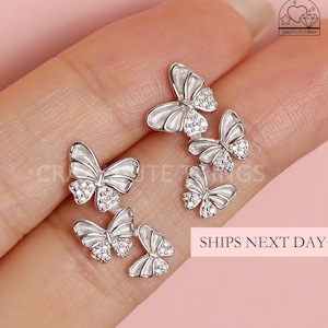 Layered Butterfly Earrings, S925 Silver Textured Wings & Sparkling Diamond Accents Studs Dainty Nature-Inspired Elegant Jewelry Gift Women