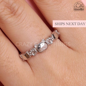 Lucky Cat Ring, S925 Silver Dainty Cute Cat Kitten Head & Paw Hug Stacking Band Perfect Gift for Her Animal Lovers Size Adjustable Open Back