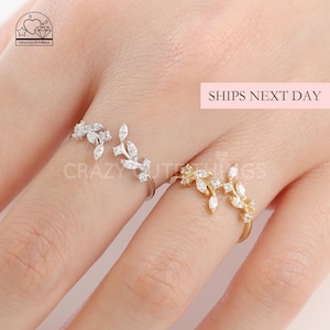 Elegant Leaf Ring, 925 Sterling Silver Open Size Adjustable Minimalist Dainty Delicate Unique Gold Cuff Ring Friendship Jewelry Gift for Her