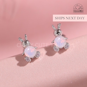 Rabbit Opal Screw Back Earrings, 925 Tiny Sterling Silver Safety Ball Back Comfort Sleep Nap Little Girl Cute Bunny Studs Birthday Pet lover