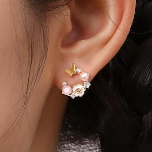 Butterfly Floral Earring, 925 Silver/Gold/Rose Gold Elegant Dainty Cute Spring Fairy Pearl Butterfly Flower Green Pink Crystal Stud Gift Her