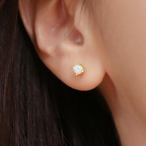 Tiny Opal Earrings, 925 Sterling Silver White Fire Opal Round Studs October Birthstone Bridesmaid Gifts Dainty Minimalist Everyday Earrings