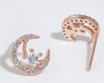 Bling Star Moon Stud Earrings, 925 Silver Gold Rose Tiny Diamond Dainty Crescent Celestial Everyday Stud Perfect Gift for Multiple Piercings