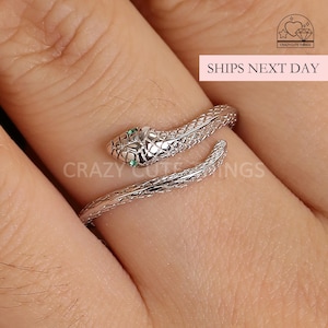 Snake Ring, Green Eye Serpent S925 Silver May Birthstone Elegant Dainty Tiny Minimalist Animal Band Bold Unisex Jewelry Unique Birthday Gift