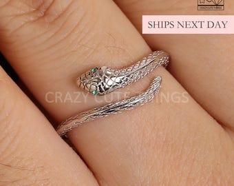 Snake Ring, Green Eye Serpent S925 Silver May Birthstone Elegant Dainty Tiny Minimalist Animal Band Bold Unisex Jewelry Unique Birthday Gift