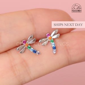 Cute Dragonfly Screw Back Earrings, S925 Sterling Silver Colorful Safety Comfort Sleep-On Dainty Minimalist Little Girl Studs Gift for Her