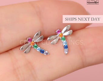 Cute Dragonfly Screw Back Earrings, S925 Sterling Silver Colorful Safety Comfort Sleep-On Dainty Minimalist Playful Fresh Studs Gift for Her