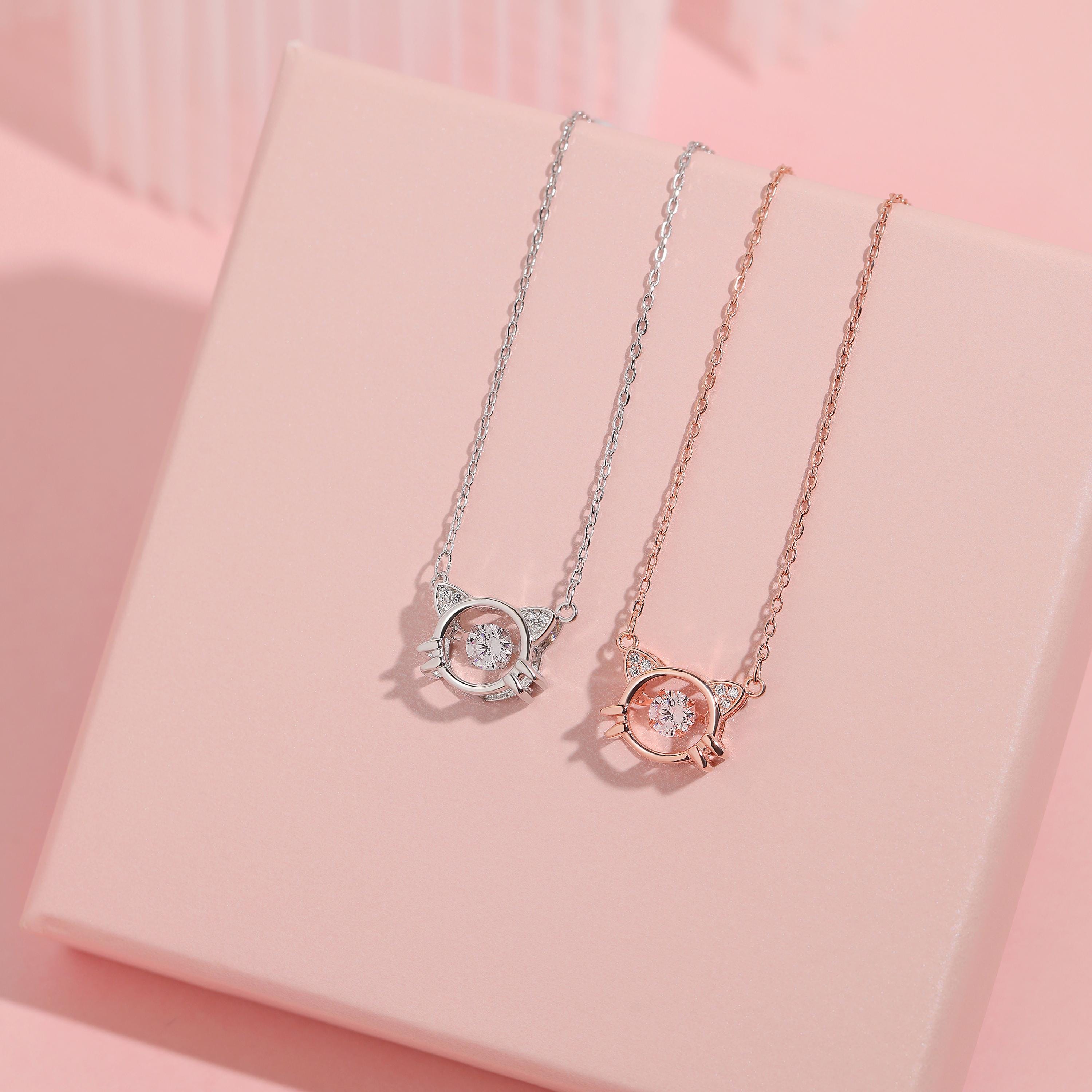 Cute Cat Necklace, S925 Silver & Rose Gold Dainty Motion-Stirred Diamond Kitty Cat Face Pendant with Bling Ears Gift for Her Animal Lovers