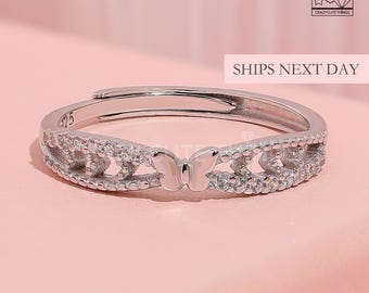 Butterfly Twist Band Ring, 925 Sterling Silver With Diamond Dainty Tiny Butterfly Charm Everyday Minimalist Stacking Ring Gift Animal Lovers