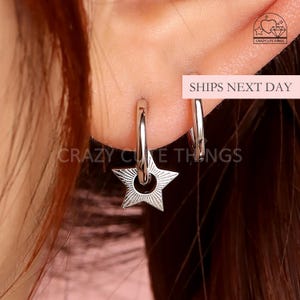 Star Hoop Earrings, 925 Silver Huggie Hoops with Dainty Radiant Starburst Charm Lightweight Celestial Minimalist Hypoallergenic Jewelry Gift