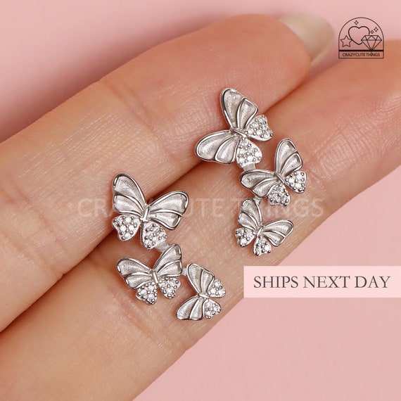 Layered Butterfly Earrings, S925 Silver Textured Wings & Sparkling Diamond Accents Studs Dainty Nature-Inspired Elegant Jewelry Gift Women