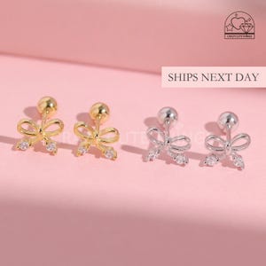 Coquette Bow Screw Back Earrings, Cute Dainty Minimalist Bow Sterling Silver Gold Safety Ball Back Comfort Sleep-On Little Girl Gift Earring