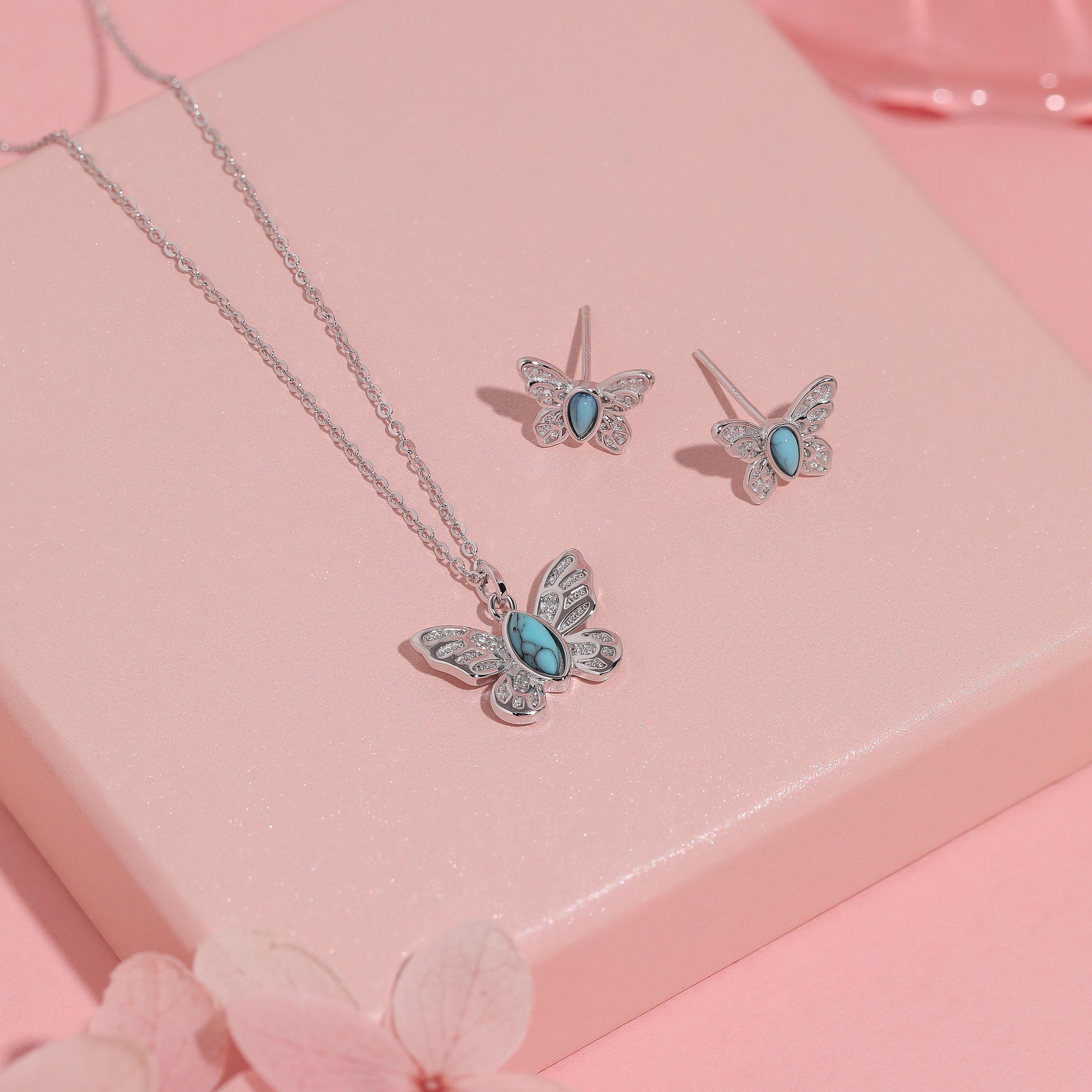 Pendentif Papillon En Argent Sterling Avec Turquoise Et Multi-pierres - Ailes Souples - Occasion