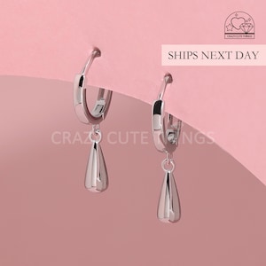 Teardrop Hoop Earrings, S925 Sterling Silver Simple Minimalist Water Drop Charm Dangle Bead Everyday Huggie Hoop Hypoallergenic Unisex Gift