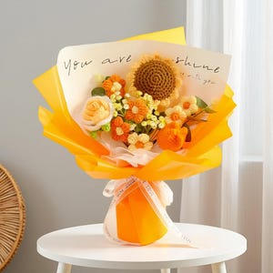Autumn Crochet flowers bouquet, Tulip, Orange, White, Yellow, everlasting, Graduation, Birthday, Friend, Sister, Girlfriend Gift, love
