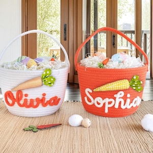 Osterkorb mit Kindernamen, benutzerdefinierter Häschen-Karotten-Seilkorb, personalisierter Junge-Mädchen-Osternest, Kinder-Osterngeschenk, Babys erstes Ostern