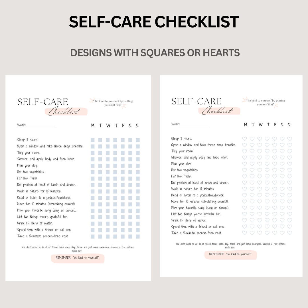 Self Care Checklist Digital Download, Daily Planner Tracker for Mental ...