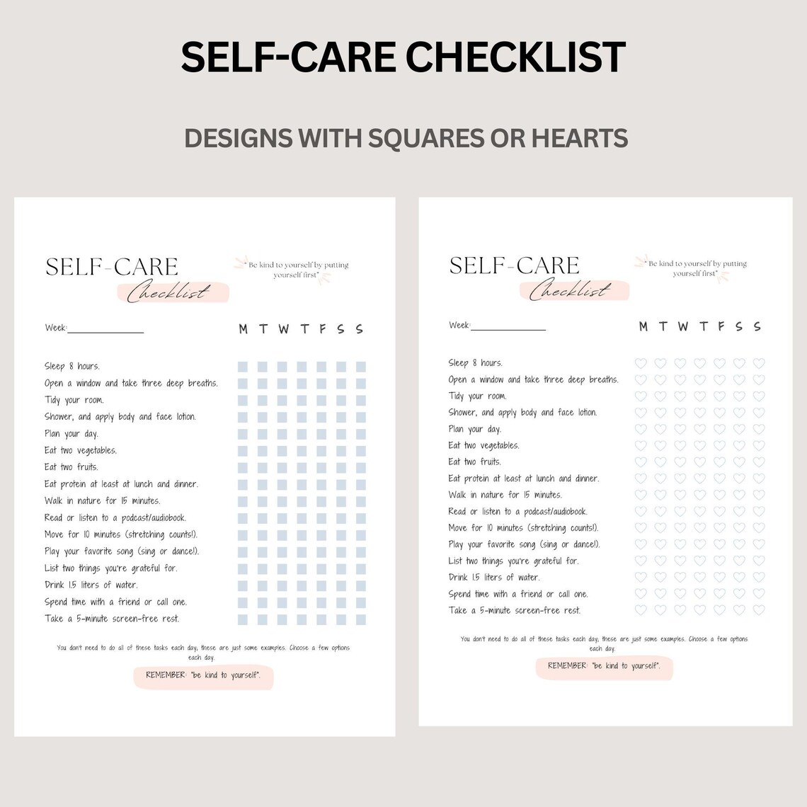 Self Care Checklist Digital Download, Daily Planner Tracker for Mental ...