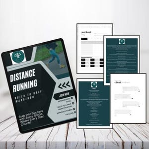 May include: A tablet showing "DISTANCE RUNNING BUILD TO HALF MARATHON" with a runner image. Accompanying documents include a workout log, client reviews, and a plan. The tablet and documents are on a light wood surface.
